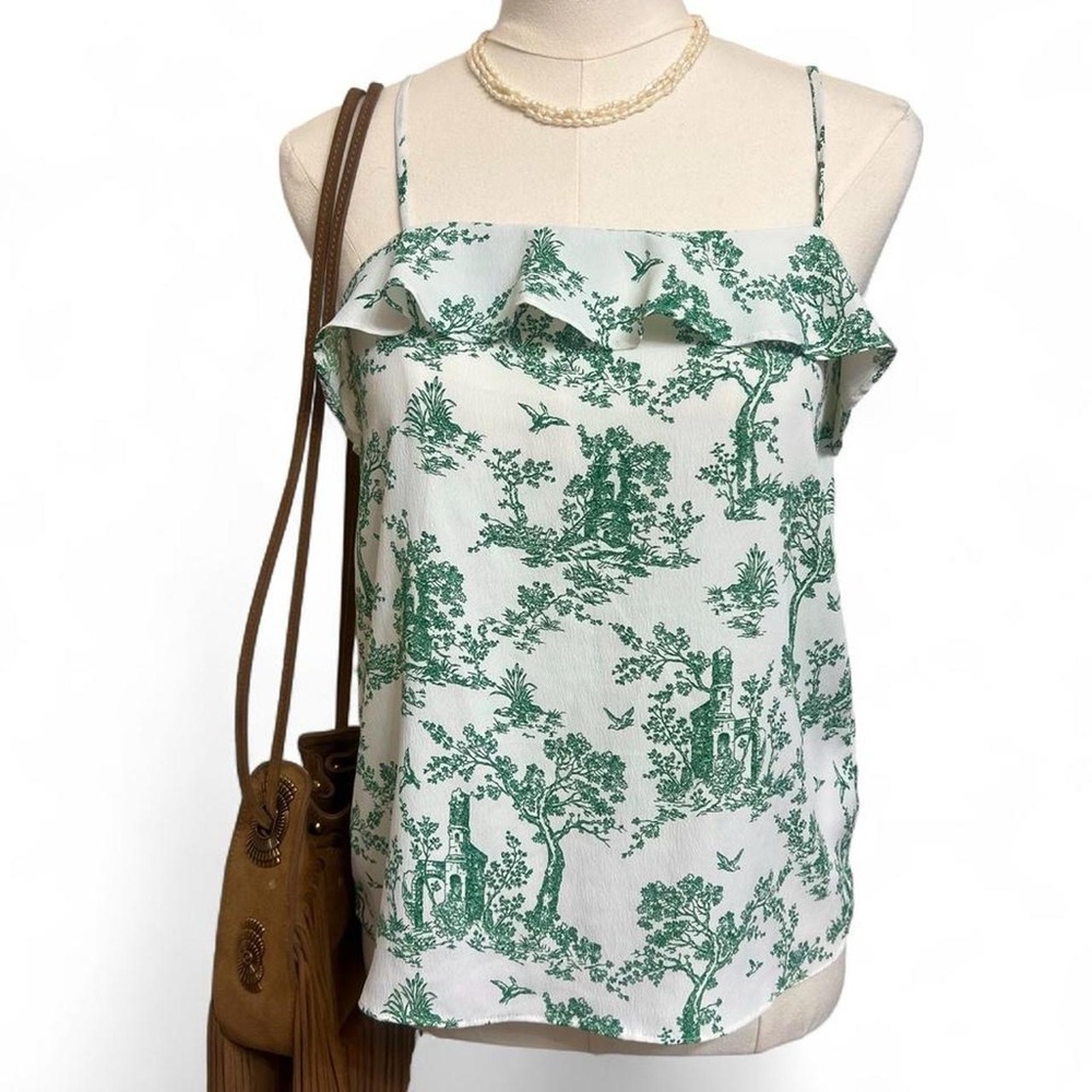 Green white French toile print tank top with ruffles H&M euro summer Victorian